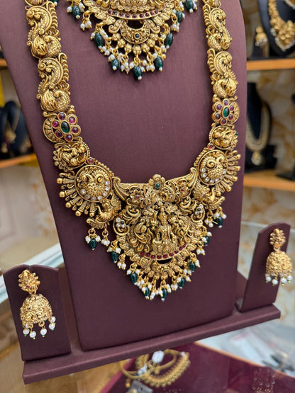 Lakshmi & Peacock Bridal Combo Set With Green Beads