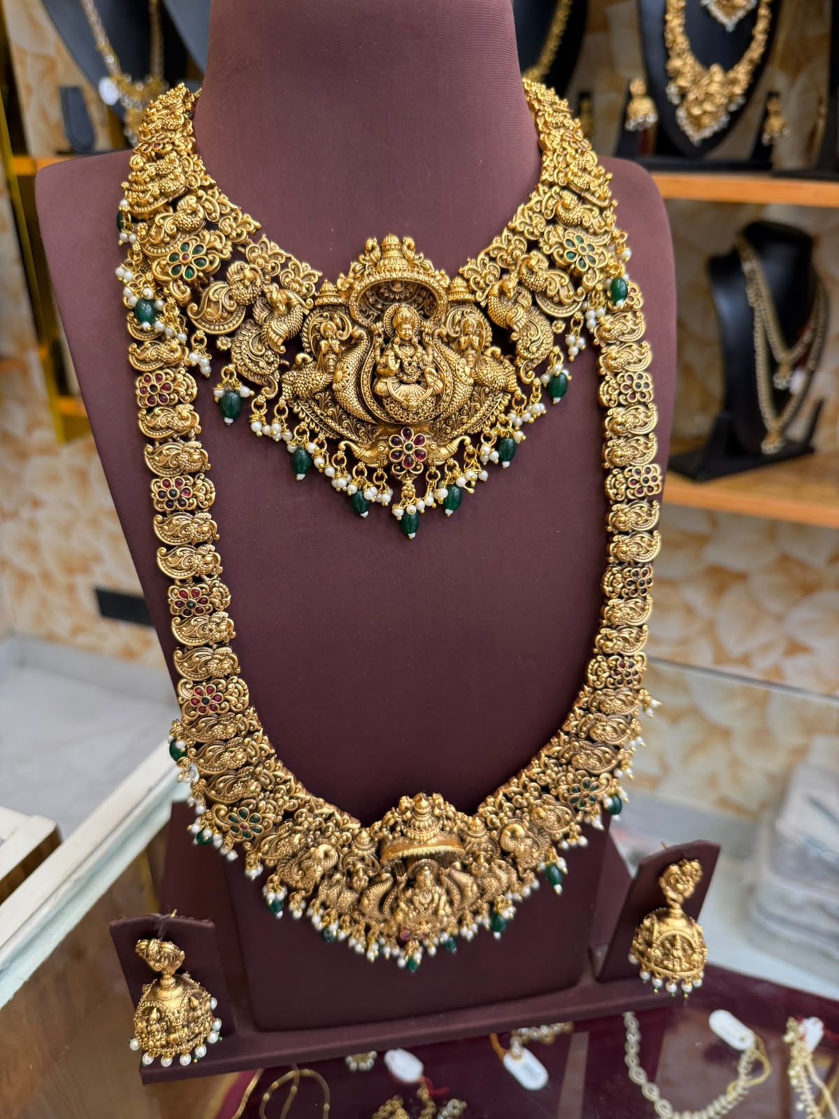 3D Peacock & Lakshmi bridal combo set with green beads