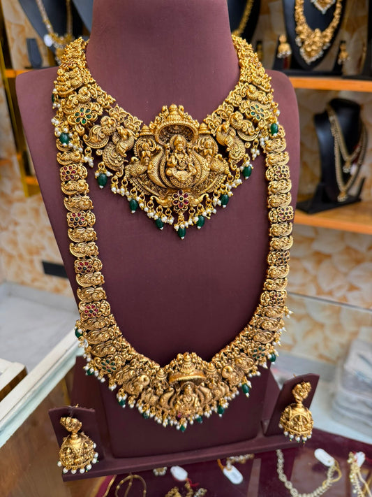 3D Peacock & Lakshmi bridal combo set with green beads