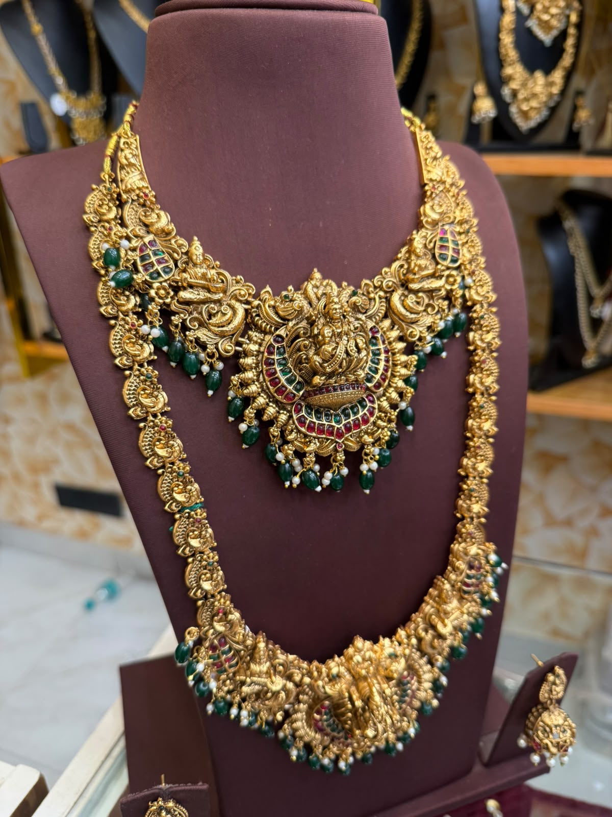 3D green beads Lakshmi bridal combo set