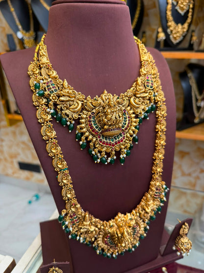3D green beads Lakshmi bridal combo set