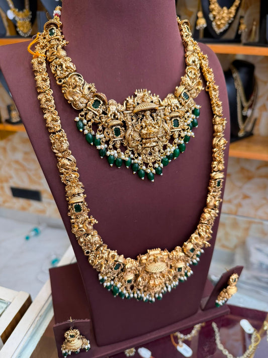 3D Lakshmi emerald stone bridal combo set with green beads