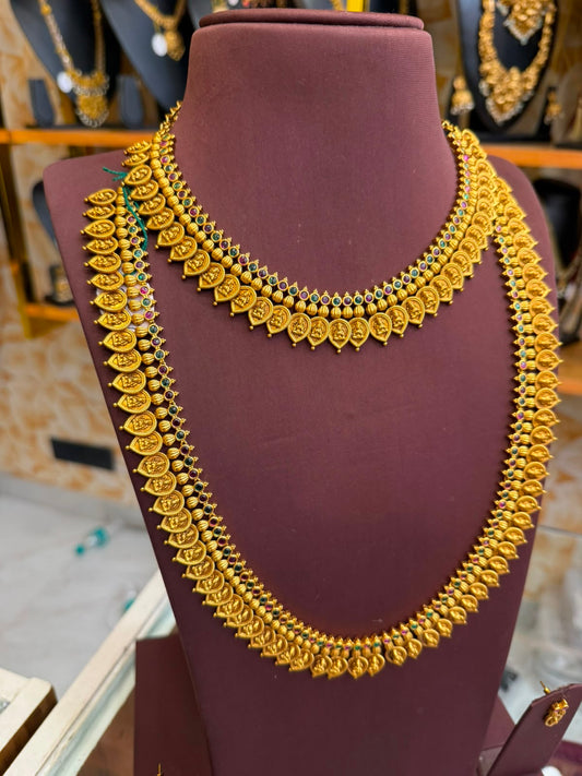 Traditional Kaasu Mala Combo Set With Red And Emerald Stone