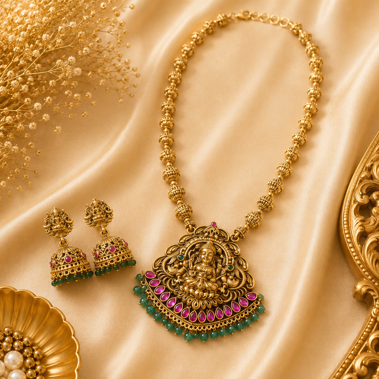 Lakshmi Aishwarya Pendant Chain with Pastel Green beads