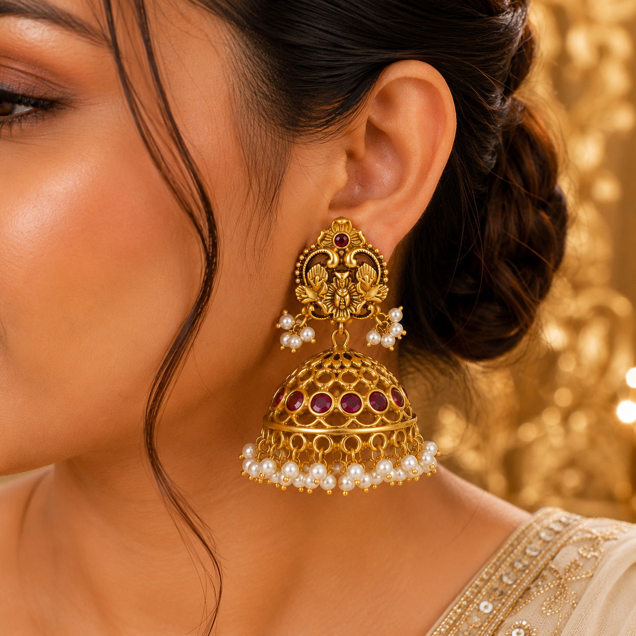 Floral Ruby Pearls Jumka