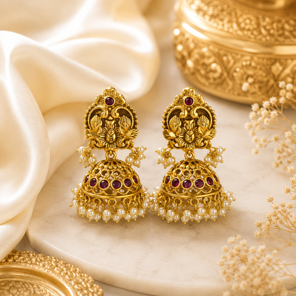 Floral Ruby Pearls Jumka