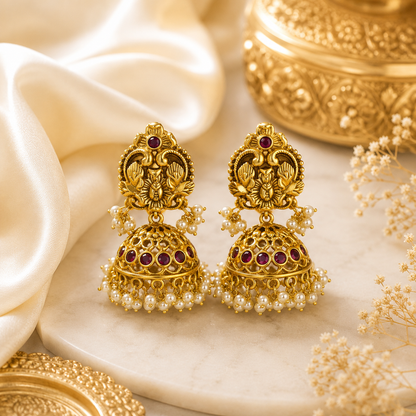 Floral Ruby Pearls Jumka