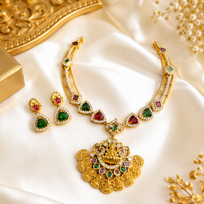 Lakshmi Ratna Necklace Set with Premium CZ Stones