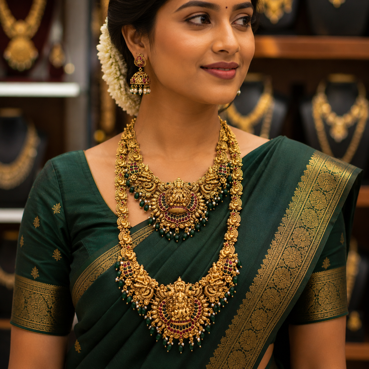 3D green beads Lakshmi bridal combo set
