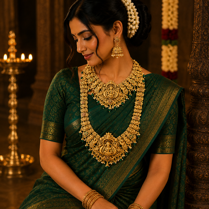 3D Peacock & Lakshmi bridal combo set with green beads
