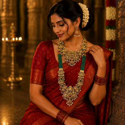 Stunning 3D Lakshmi Combo Set with Green Beads
