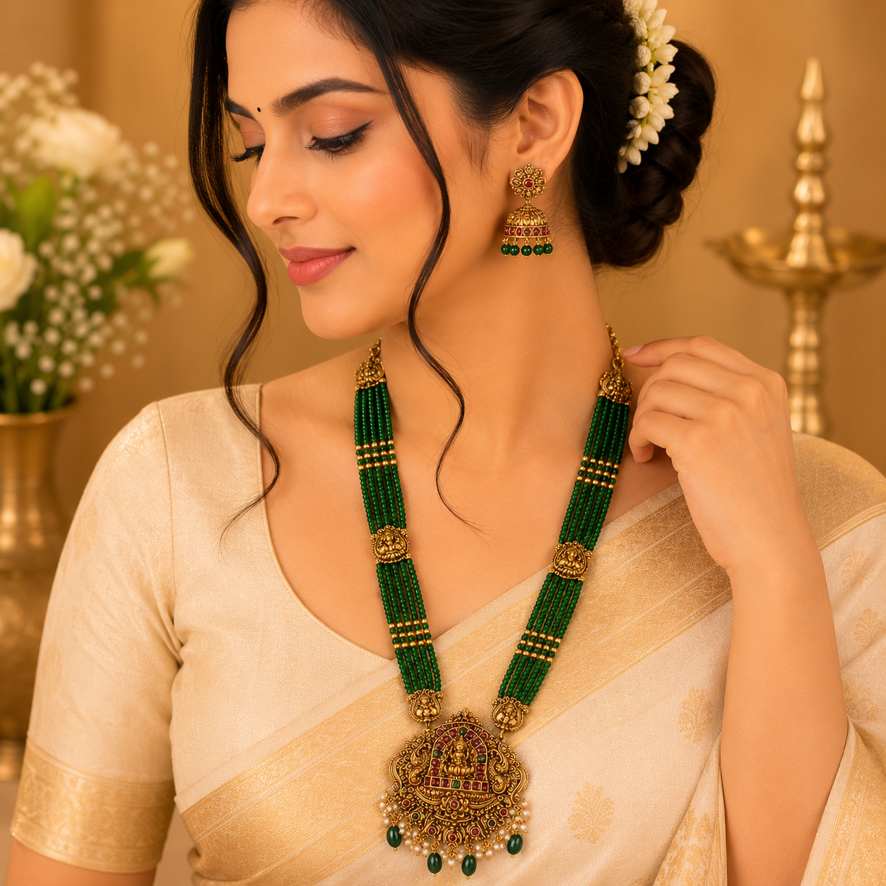 Green Beads Lakshmi Haram
