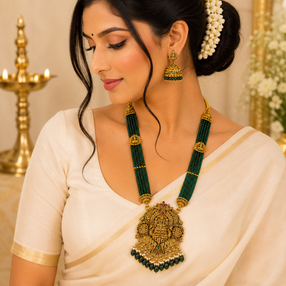 Classy Lakshmi Pendant with Green Beads Haram
