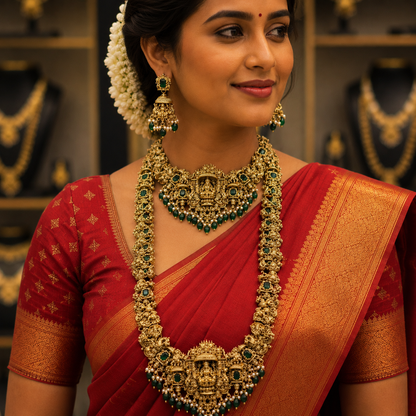 3D Lakshmi emerald stone bridal combo set with green beads