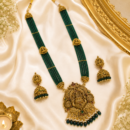 Classy Lakshmi Pendant with Green Beads Haram