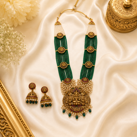 Green & White Beads Gajalakshmi Haram