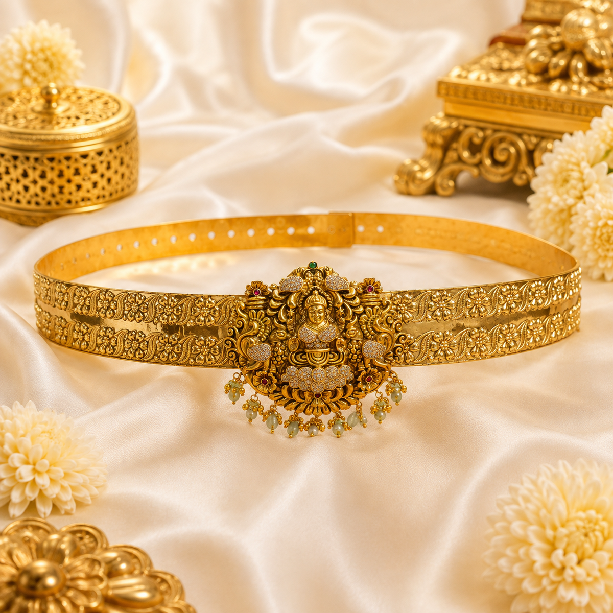 Exclusive Pendant Stone Lakshmi Hipbelt With Pastel Green Beads