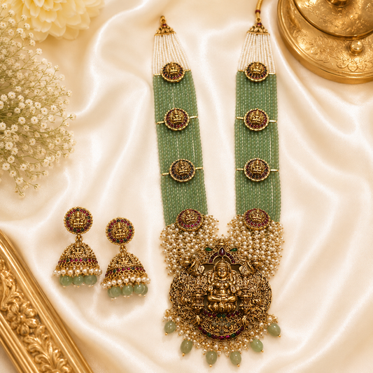 Pastel Green & White Beads Gajalakshmi Haram