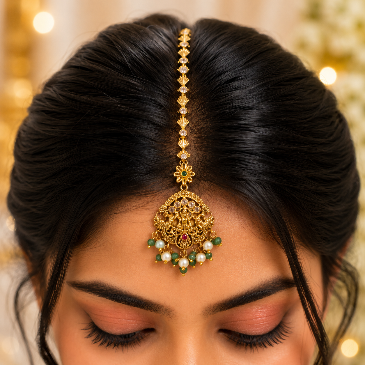 Lakshmi Pastel Green Beads Maang Tikka