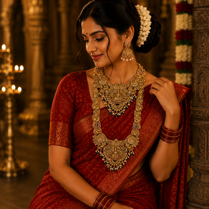Lakshmi & Peacock Bridal Combo Set With Green Beads