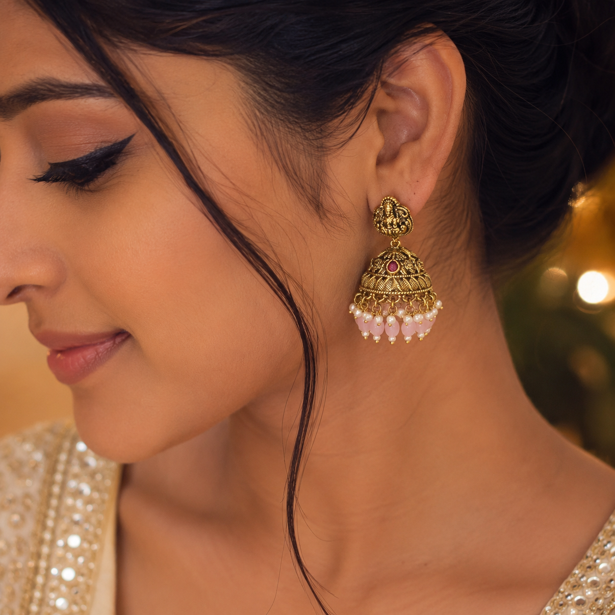 Lakshmi Pastel Pink Beads Jumka