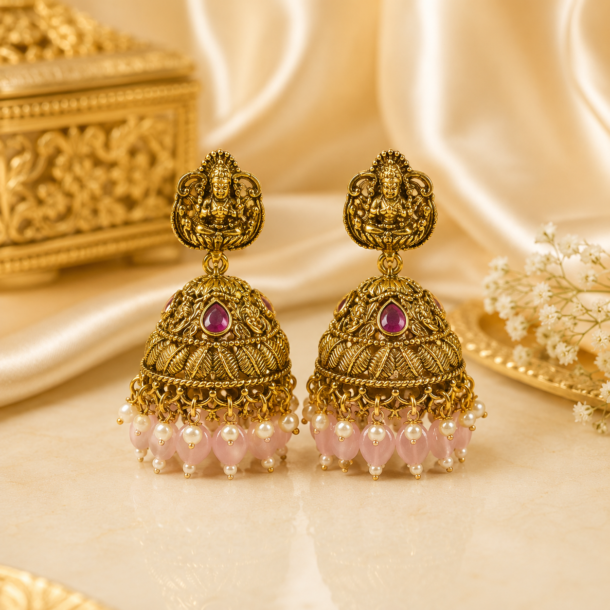 Lakshmi Pastel Pink Beads Jumka