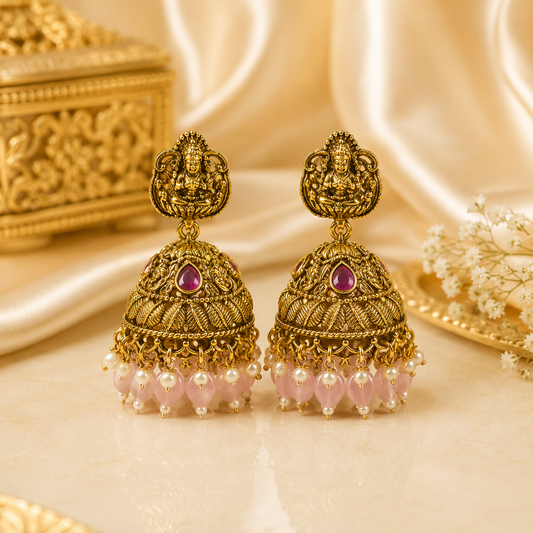 Lakshmi Pastel Pink Beads Jumka