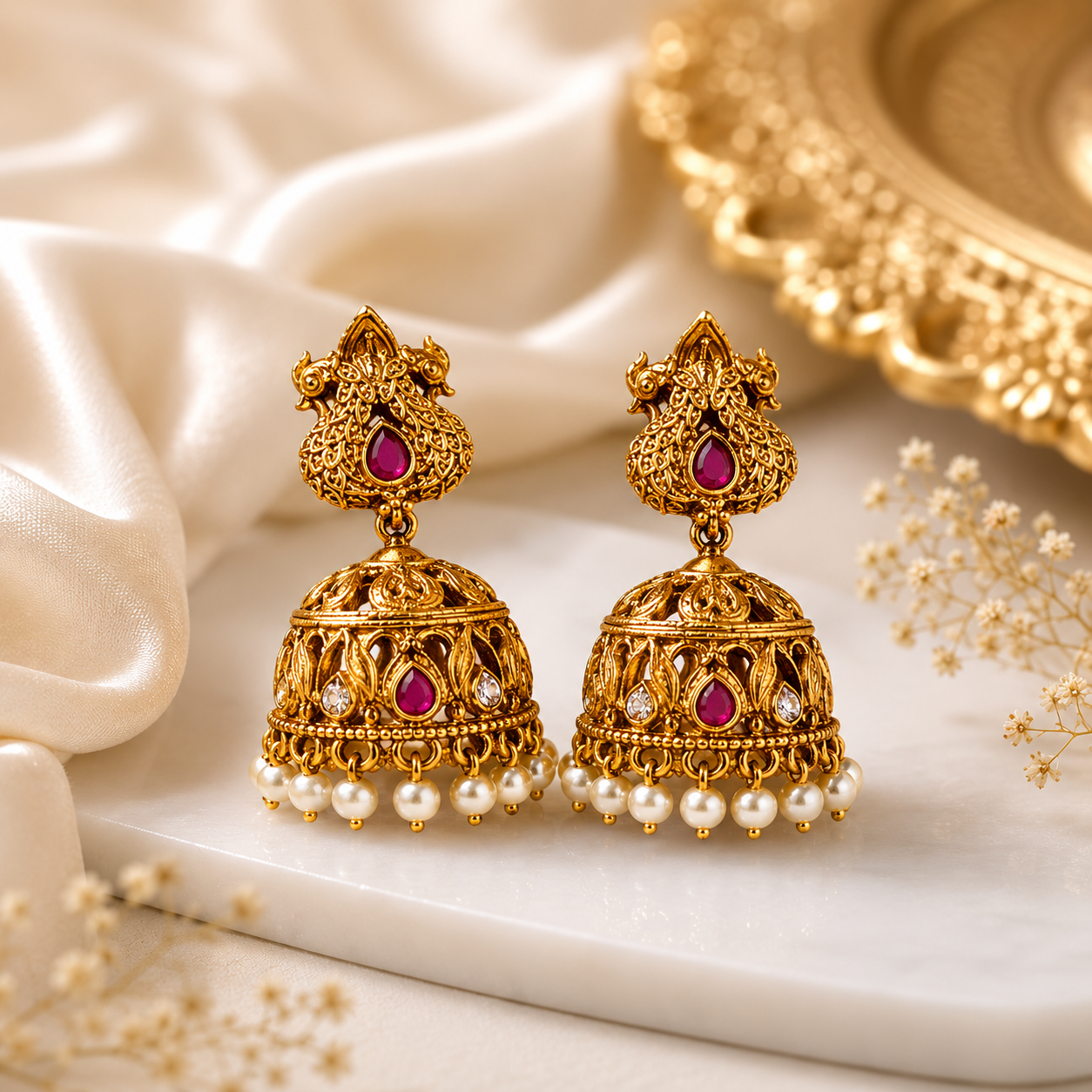 Ruby Peacock Pearls Jumka