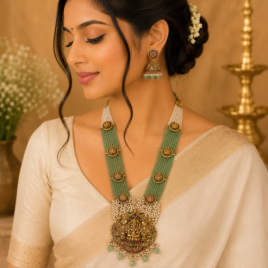 Pastel Green & White Beads Gajalakshmi Haram