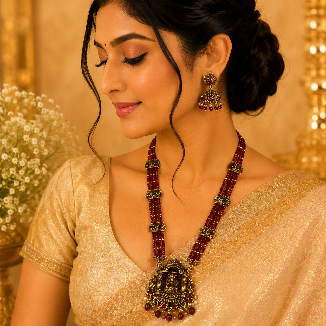 Red Beads Lakshmi & Peacock Haram