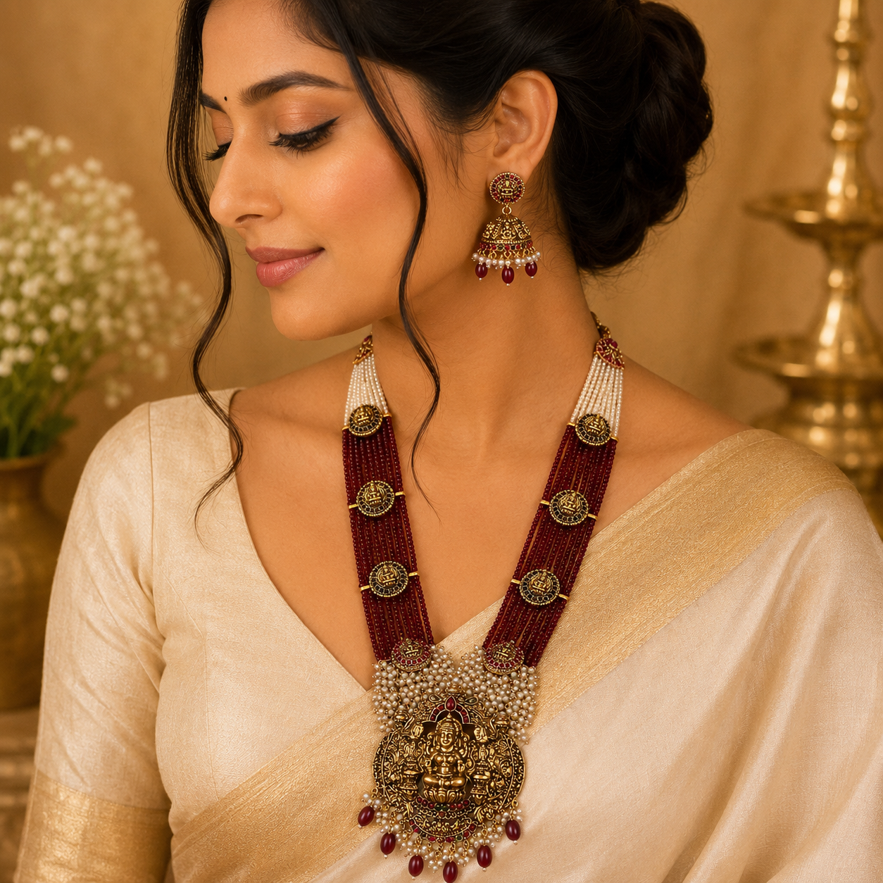 Red & White Beads Gajalakshmi Haram