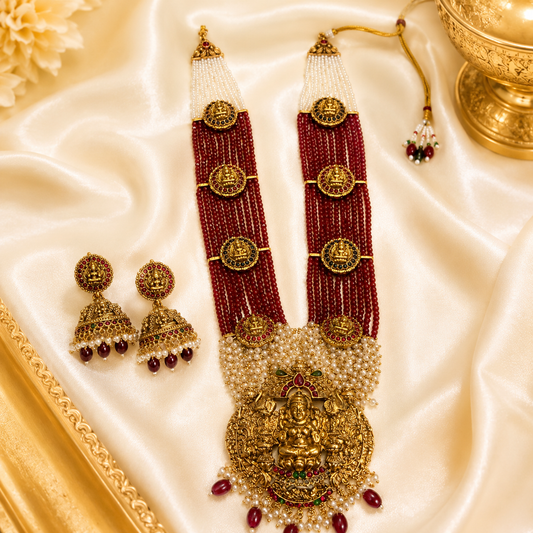 Red & White Beads Gajalakshmi Haram