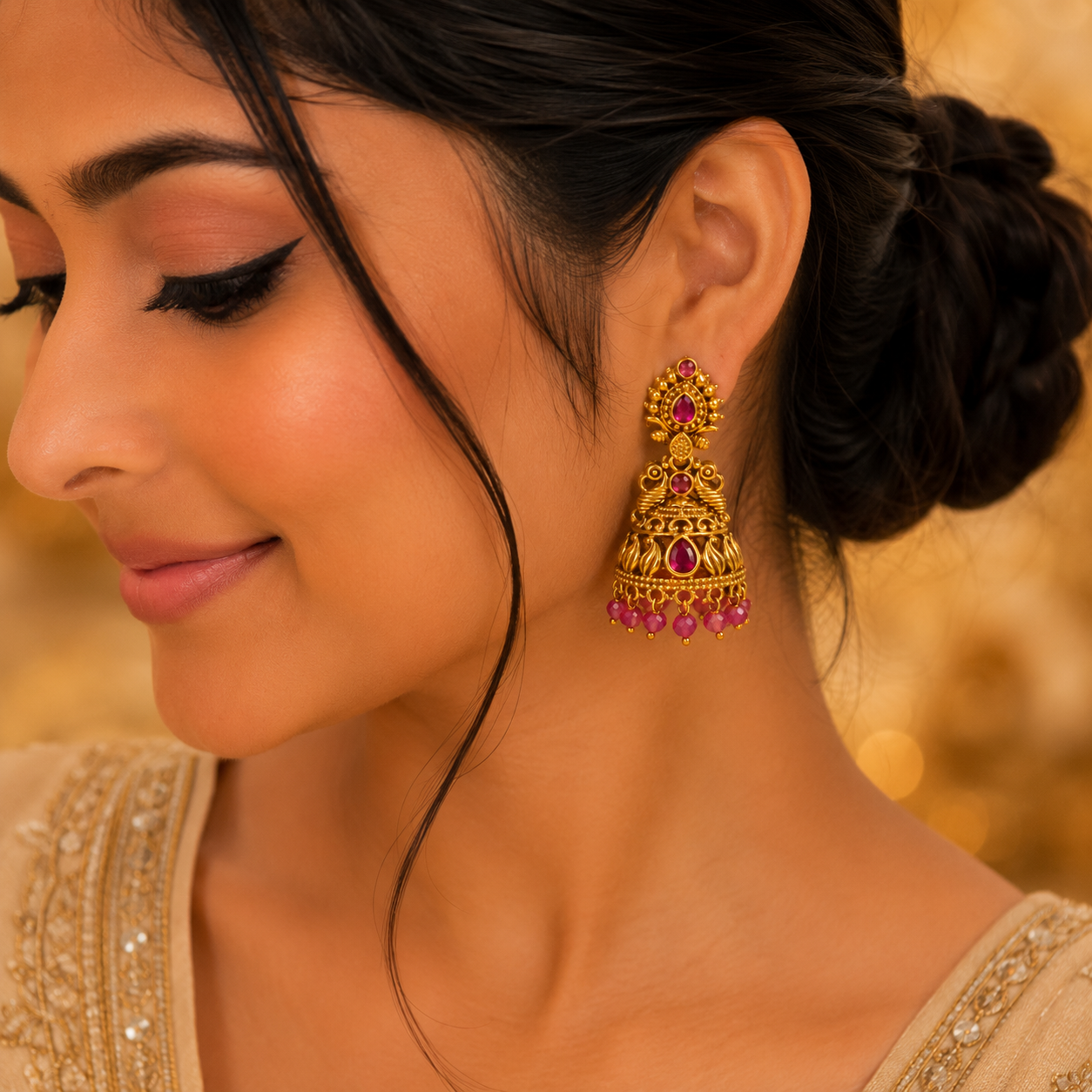 Red Beads Thilagam Jumka